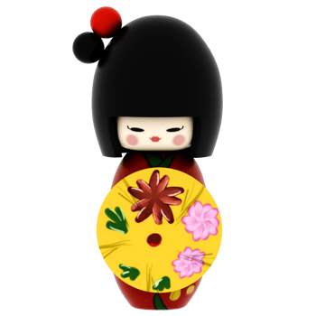 3d render kokeshi doll japanese black red floral with transparent background png