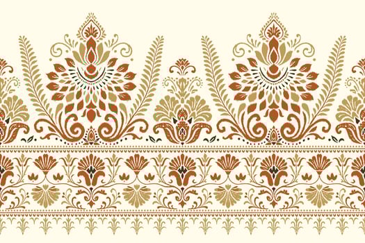 Ethnic ikat floral border pattern with embroidery paisley motifs in seamless boho design vector