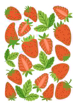 Strawberries and green leaves composition, hand drawn in bright flat style. Concept of summer freshness, healthy food and natural sweetness. vector