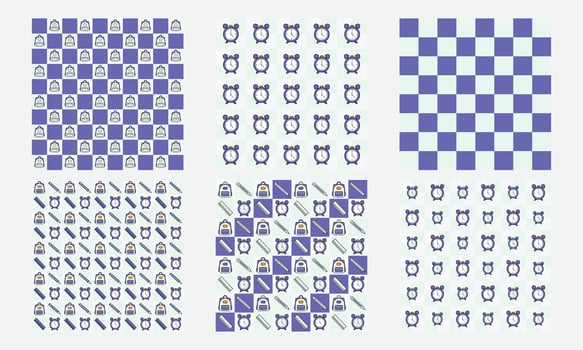 Seamless Checkered School Pattern with Cute Clocks, Backpacks, Pencils, and Rulers vector