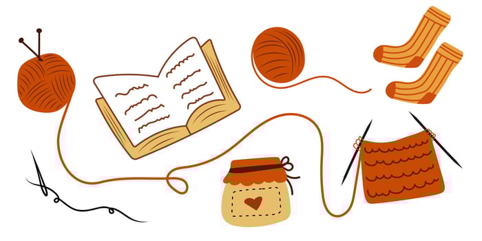 Cozy knitting set on white background. Cute hand made elements. Trendy diy. vector
