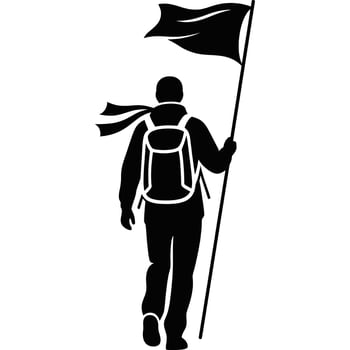 A striking silhouette of a lone adventurer carrying a flag their scarf billowing in the wind. This distinctive silhouette style captures a sense of journey and determination. vector
