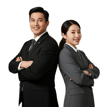 Two asian business professionals are standing backtoback, smiling confidently in their formal attire isolated on transparent background png
