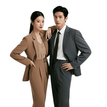 Two asian business professionals posing confidently in suits, representing teamwork and corporate success in the workplace. png