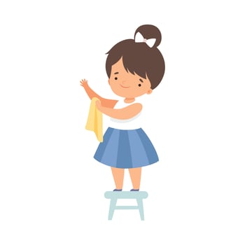 Cute Girl Standing on Chair with Rag Helping to Clean, Nature and Ecology Protection Concept Cartoon Style Illustration vector