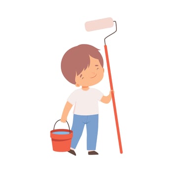 Cute Boy with Mop and Bucket of Water Helping to Clean, Nature and Ecology Protection Concept Cartoon Style Illustration vector
