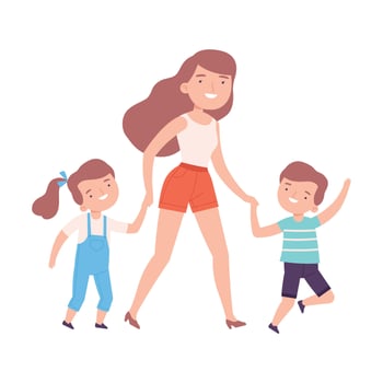 Mom Accompanying her Son and Daughter to the School or Kindergarten, Parent and Kids Walking Together Holding Hands Cartoon Style Illustration vector
