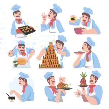Chef Cooking in the Kitchen Set, Cook Character in Hat and Uniform Cooking, Baking and Serving Food Cartoon Style Illustration vector