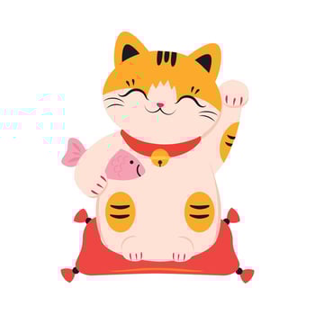 Japanese Maneki Neko with Fish, Japanese Traditional White Lucky Cat Doll Cartoon Style Illustration vector