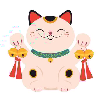 Japanese Maneki Neko with Traditional Golden Bells, Japanese Symbol of Good Luck and Wealth Cartoon Style Illustration vector