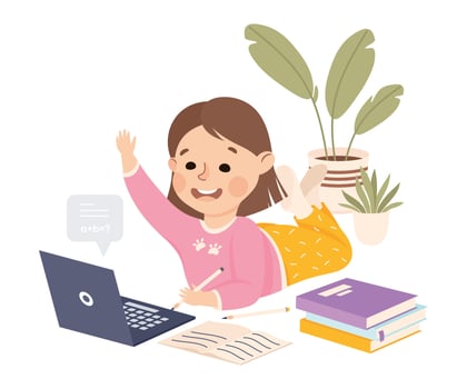Little Girl Studying from home via Teleconference, Homeschooling, Distance Learning Concept Cartoon Style Illustration vector