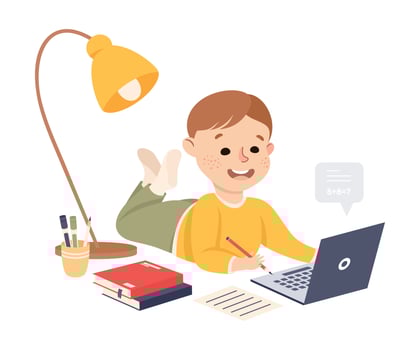 Elementary School Student Boy Studying Online Using Laptop Computer, Homeschooling, Distance Learning Concept Cartoon Style Illustration vector