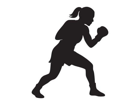 Black silhouette of female boxer in fighting stance, isolated on white background, graphic illustration. concept of athlete, boxing, female strength, martial arts, icon, logo vector