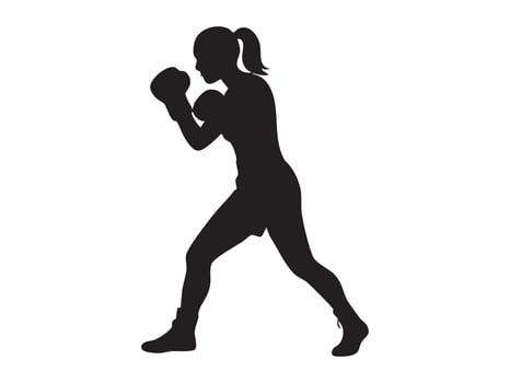 Black silhouette of female boxer in fighting pose, isolated on white background, graphic illustration. concept of boxing, fitness, martial arts, athlete, icon, logo, design element vector