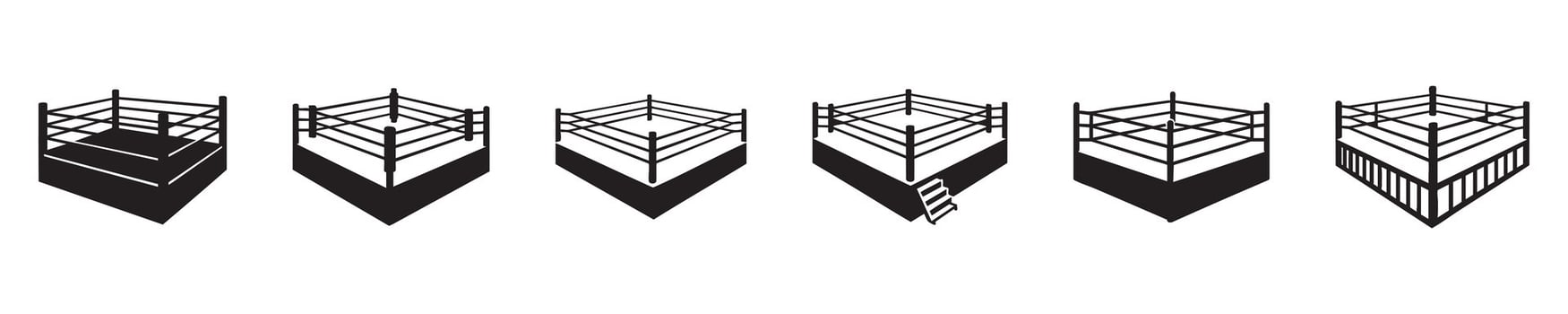 Set of black silhouettes of boxing rings in various styles, isolated on white background, graphic illustration. concept of sports, championship, martial arts, icon, logo, design element vector