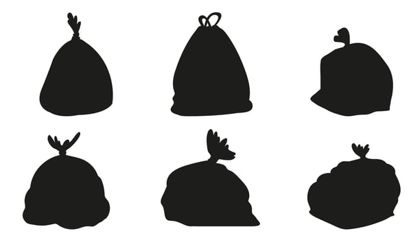 Set of flour or sugar sacks in black silhouette. Burlap bag icons for bakery, mill, organic farm, or harvest themes. illustration for packaging, label, or agricultural design. vector