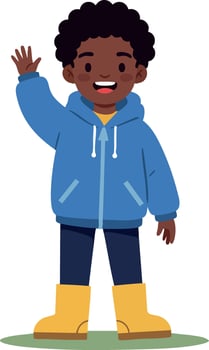 Boy waving hand wearing blue hoodie and yellow boots standing on grass illustration vector