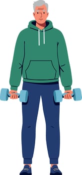Older man exercising with dumbbells in casual sportswear fitness lifestyle illustration vector