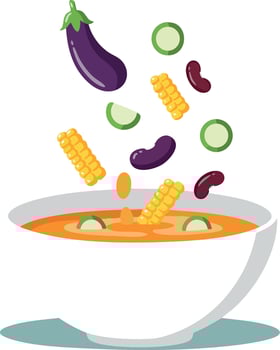 Vegetable soup with eggplant corn kidney beans and cucumber fresh ingredients illustration vector