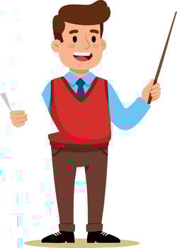 Man teacher smiling and holding pointer stick with paper in casual office outfit happy expression illustration vector