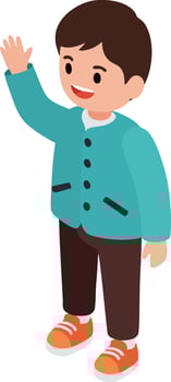 Boy waving hand smiling in blue jacket orange shoes casual outfit illustration vector