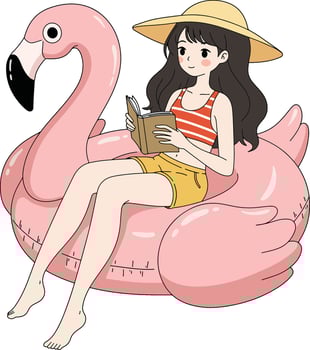 Girl reading on flamingo float vector
