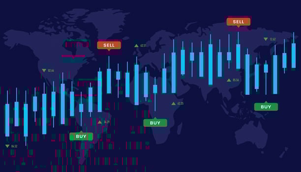 A global financial chart showing a world map in the background with stock market graph and data visualizations overlaid, indicating economic trends and performance vector