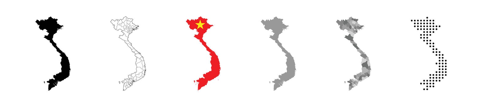Set of political maps of Vietnam with regions and flag map isolated on white background. Grayscale and dotted map of vietnam. vector