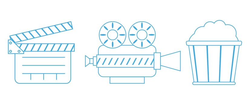 Film icons collection with movie clapper popcorn and camera for cinema content production or entertainment use vector