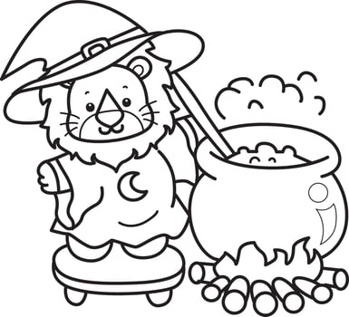 Outline of witch lion cooking a potion. Coloring pages of cute lion. vector