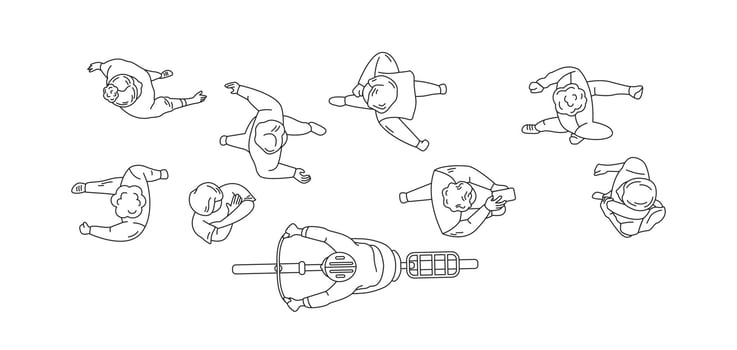 Line drawing of people viewed from above. Various individuals in casual outfits surround a person on a scooter on white background. Illustrative style. vector