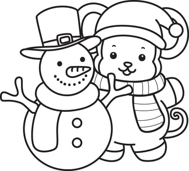 Outline of santa monkey with snowman. Coloring pages of cute monkey. vector