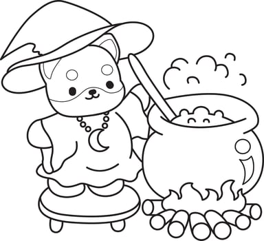 Outline of witch shiba inu cooking a green potion. Coloring pages of cute shiba inu. vector