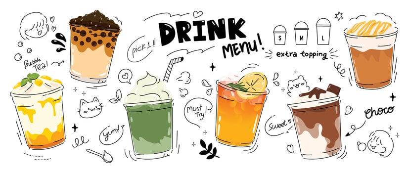 Coffee and smoothie beverage with cute doodle decoration. Cappuccino, bubble tea, orange juice, chocolate in glasses. Iillustration blended coffee for logo, promotion, marketing, banner, ads. vector