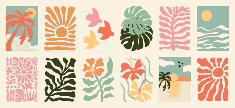 Summer botanical doodle background art set. Hibiscus flower, coconut tree, monstera leaf, sea. Abstract shape doodle art design for print, wallpaper, clipart, wall art for home decoration. vector