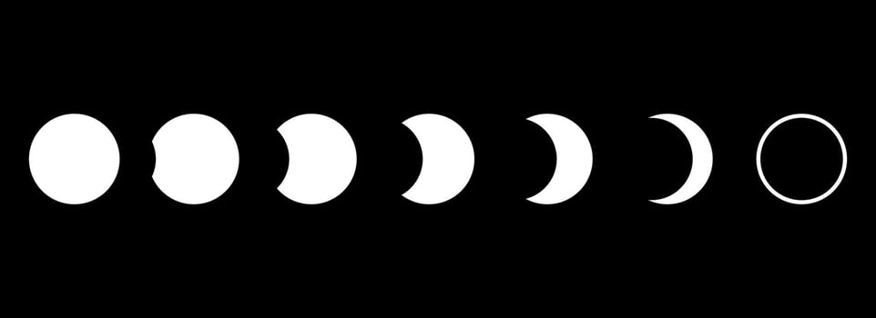 Full moon eclipse concept illustration. Set of moon phases or stages. Total sun eclipse and lunar cycle. Black and white elements collection for poster, banner, collage, brochure vector