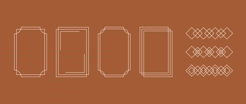 Boho style linear frame collection. Bohemian decorative geometric border and element set for badge, logo, card, poster, banner, post, design template. Terracotta patterns pack. vector
