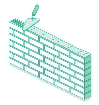 Isometric brick wall under construction with a trowel and mortar. Masonry work, building structure, and architectural development. vector