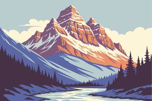 Mountain Landscape Illustration with River and Trees vector