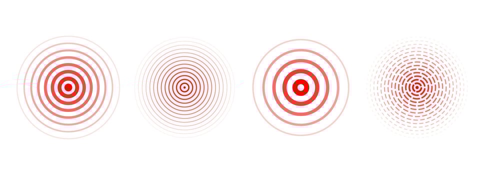 Red concentric ripple circles set. Sonar or sound wave rings collection. Epicentre, target, radar icon concept. Radial signal or vibration elements. Halftone dotted and lined illustration vector