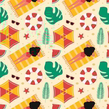 Tropical Beach Theme Seamless Pattern in Cute Flat Cartoon Illustration vector