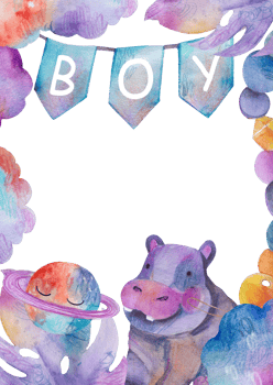 Watercolor baby boy nursery illustration. Hand-painted cute jungle hippopotamus png