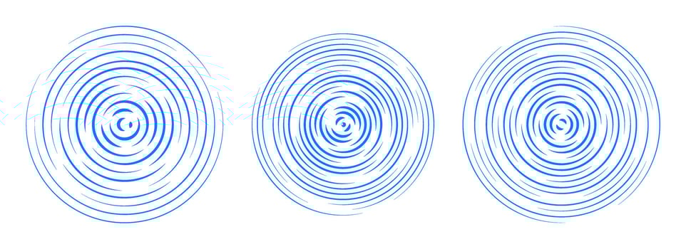 Blue concentric circle segments set. Rippled round patten background. Water or sound wave rings collection. Epicenter, target, radar icon concept. Radial signal or vibration elements. vector