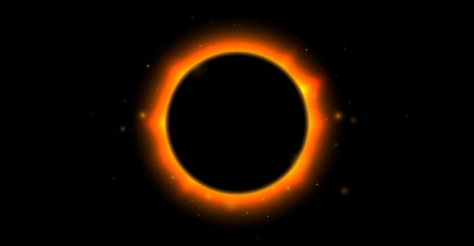 Sun full eclipse concept. Red orange solar glow background. Moon or planet total eclipse in dark space. Hot star surface flare with rays and beams effects. vector