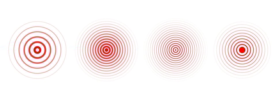 Red concentric ripple circles set. Sonar or sound wave rings collection. Epicentre, target, radar icon concept. Radial signal or vibration elements. Halftone illustration vector