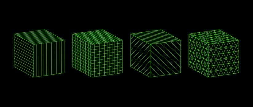 Neon green wireframe cubes collection. 3d outline shapes with different grid patterns. Geometric square elements for design template, icon, logo. Abstract box with lattice lines. vector