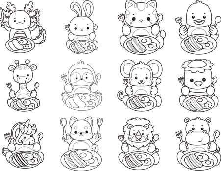 Outline of animals bring a bacon and eggs. Coloring pages of cute animals. vector