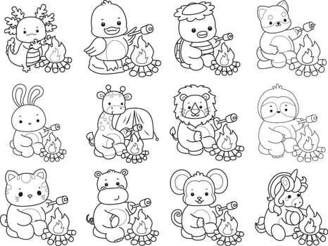 Outline of animals roasting a marshmallow. Coloring pages of cute animals. vector