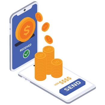Coins transferring between two mobile phones as a transaction is sent and received. vector