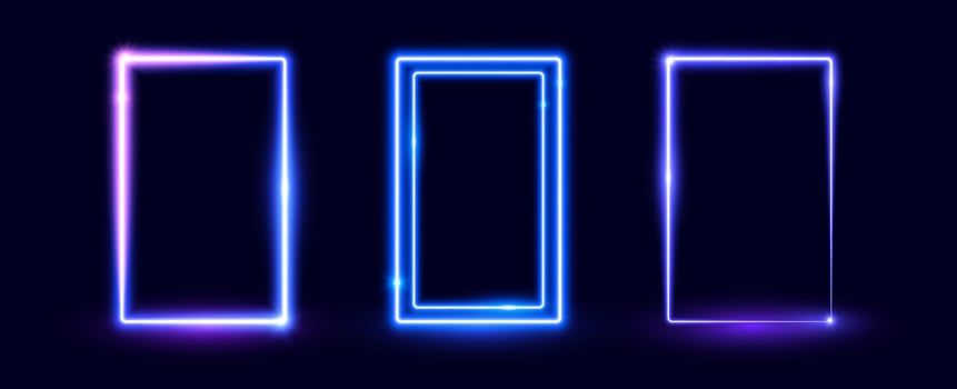 Neon glowing rectangular door set. Blue purple shining rectangle border. Electric light frame collection. Illuminated wide violet design element for banner, poster, collage, cover. vector